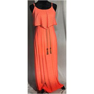 Trixxi Maxi Dress, Melon, Speghetti Straps, Crochet Bodice, Leather Belt, Small